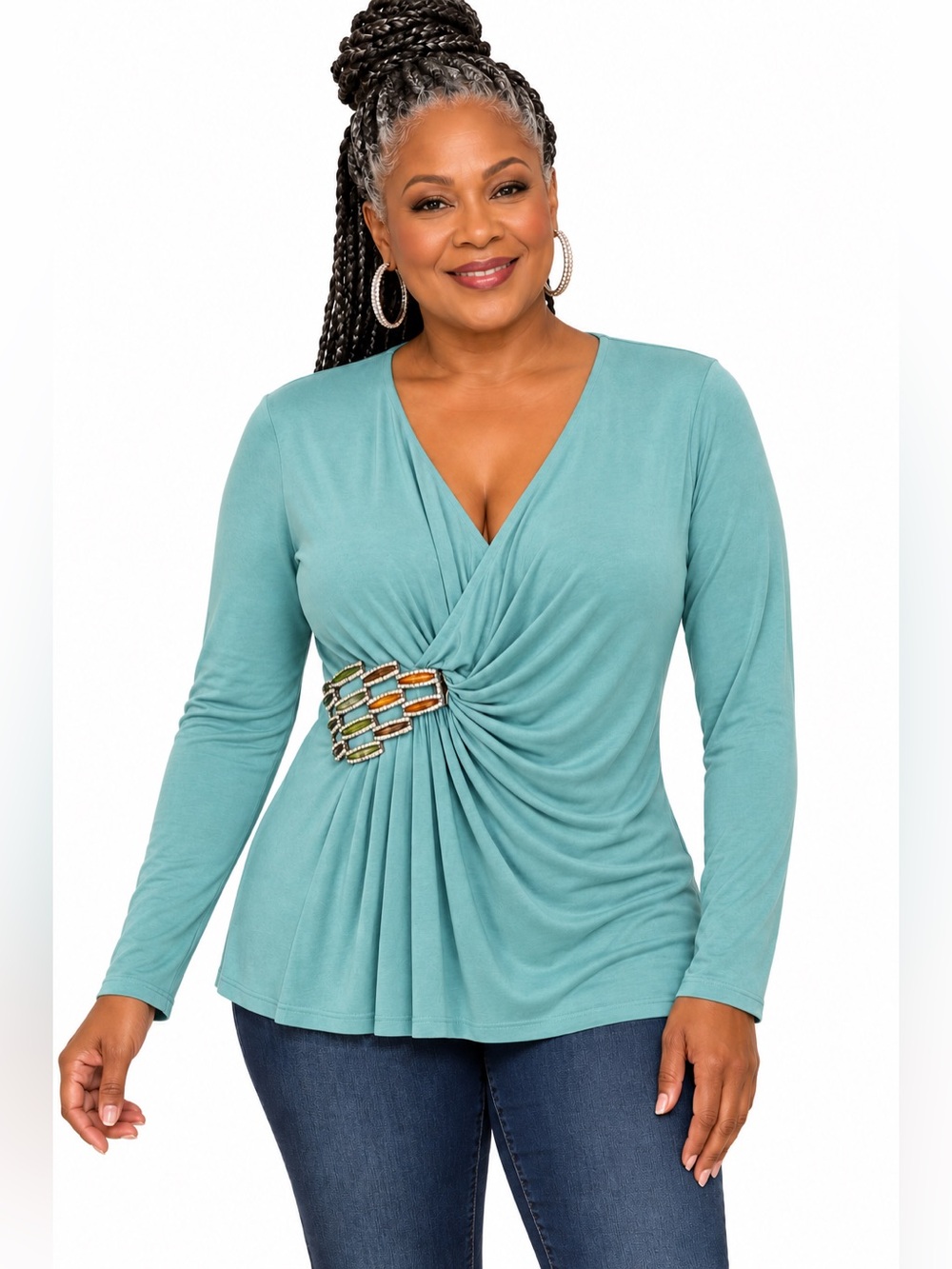 Sky M Light Teal Jeweled Ruched Long Sleeve Top Y2K